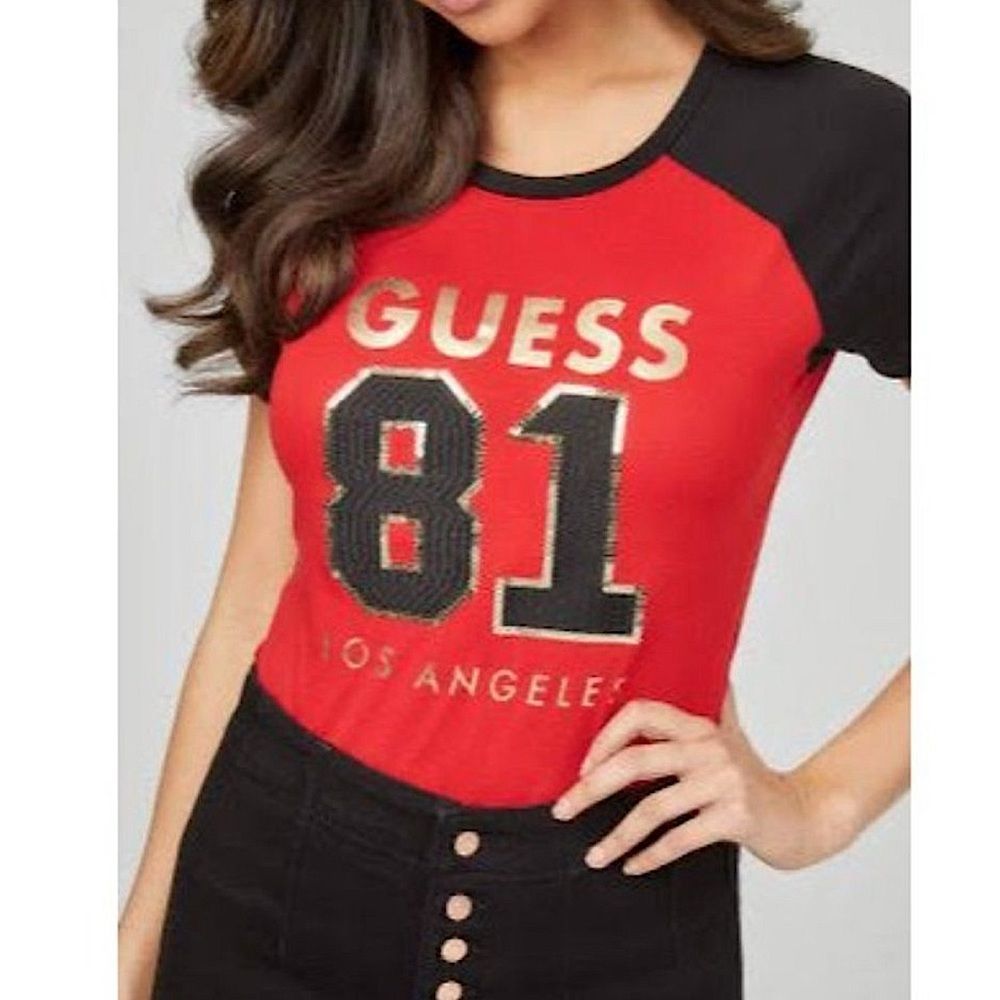 Guess Vintage Tee Short Sleeve Red Black Varsity Sequin Casual Women Top Large L